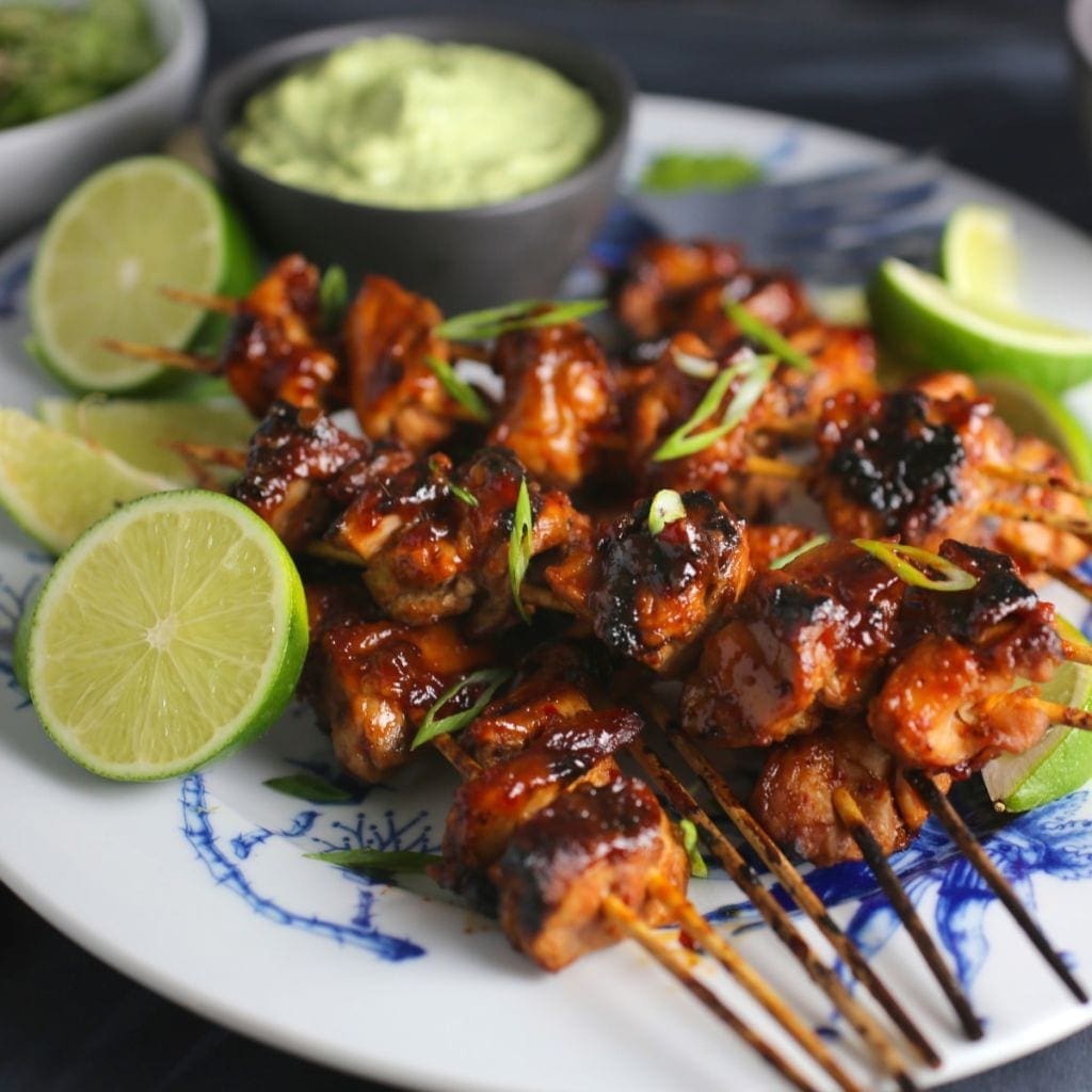 Spicy Asian Chicken Skewers with Creamy AvocadoCilantro Sauce Nerds with Knives