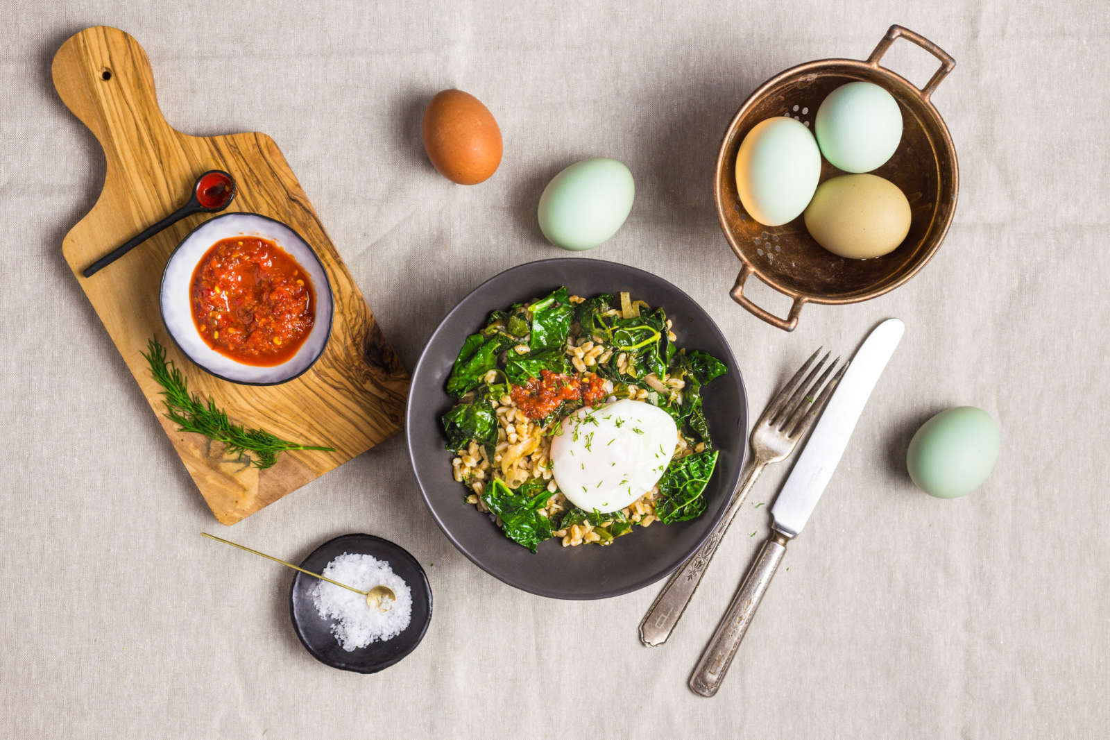 Stir Fried Farro with Garlicky Kale and Poached Egg