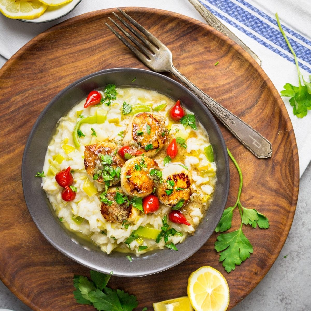 Seared Scallops with Leek Risotto from Nerds with Knives