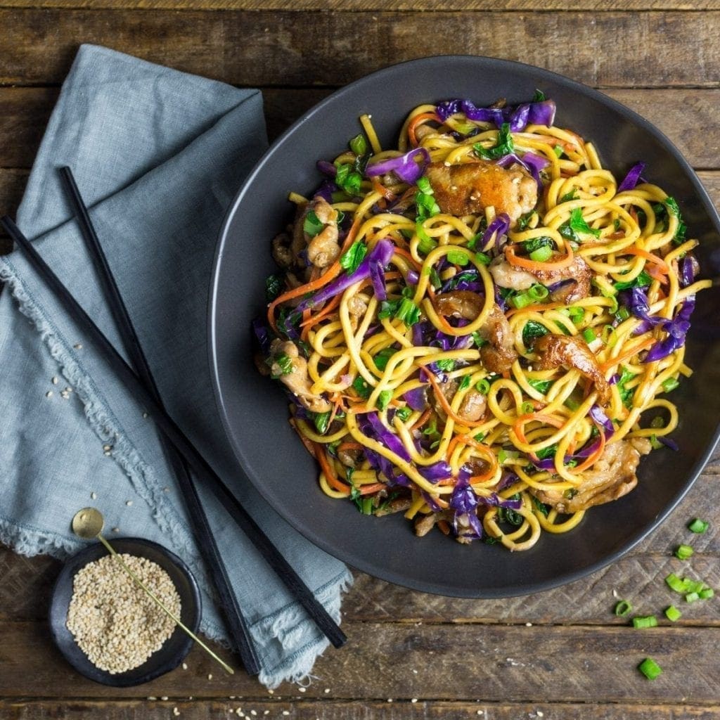 Stir Fried Lo Mein Noodles with Pork and Vegetables