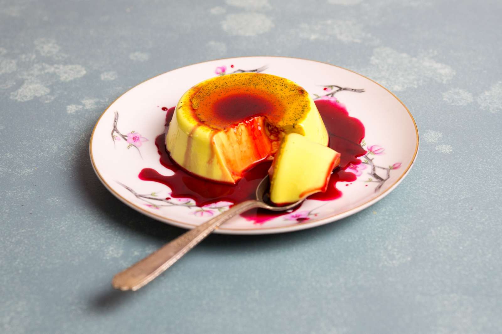 Vanilla and Turmeric Pannacotta with Hibiscus Syrup