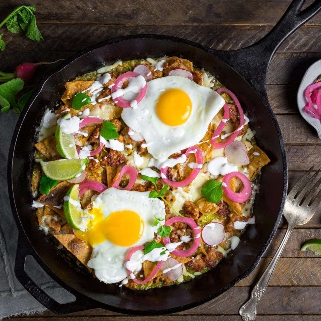 Extra Crispy Chilaquiles with Salsa Verde, Chorizo and Egg