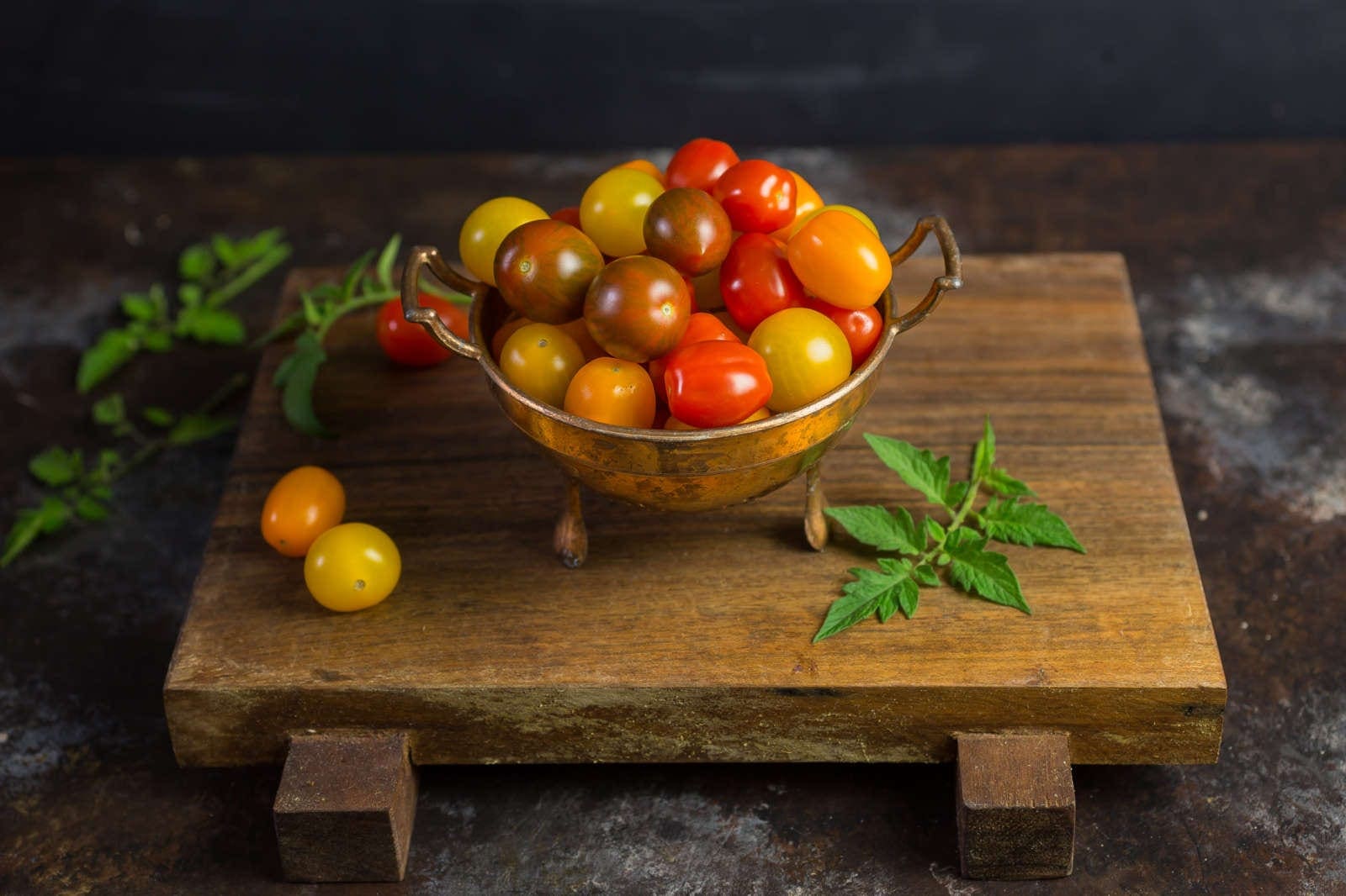 Fresh heirloom cherry tomatoes - Crostini with Blistered Cherry Tomatoes, Burrata and Chile Oil