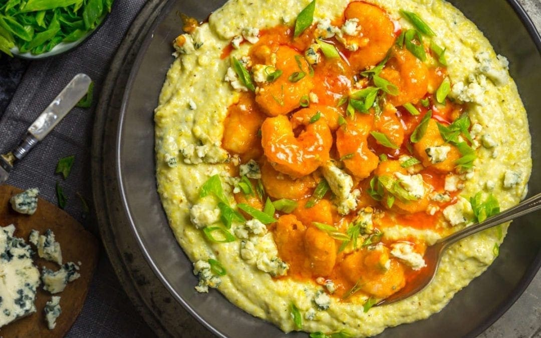 Crispy Buffalo Shrimp and Creamy Blue Cheese Grits