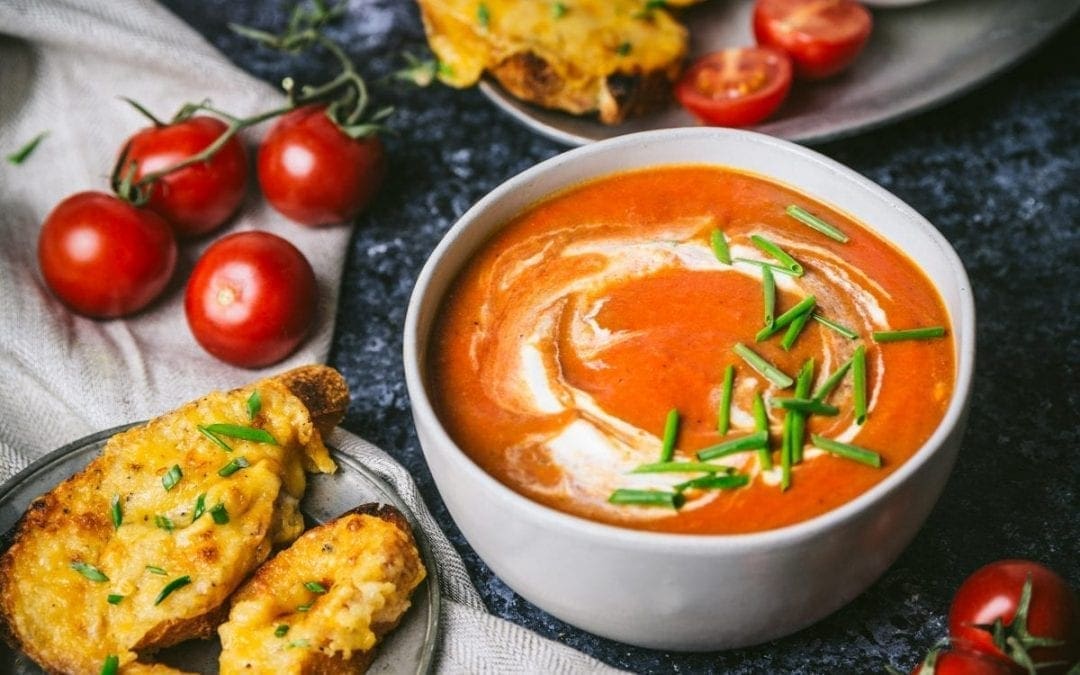 Creamy Tomato Soup with Roasted Garlic Cheesy Toast