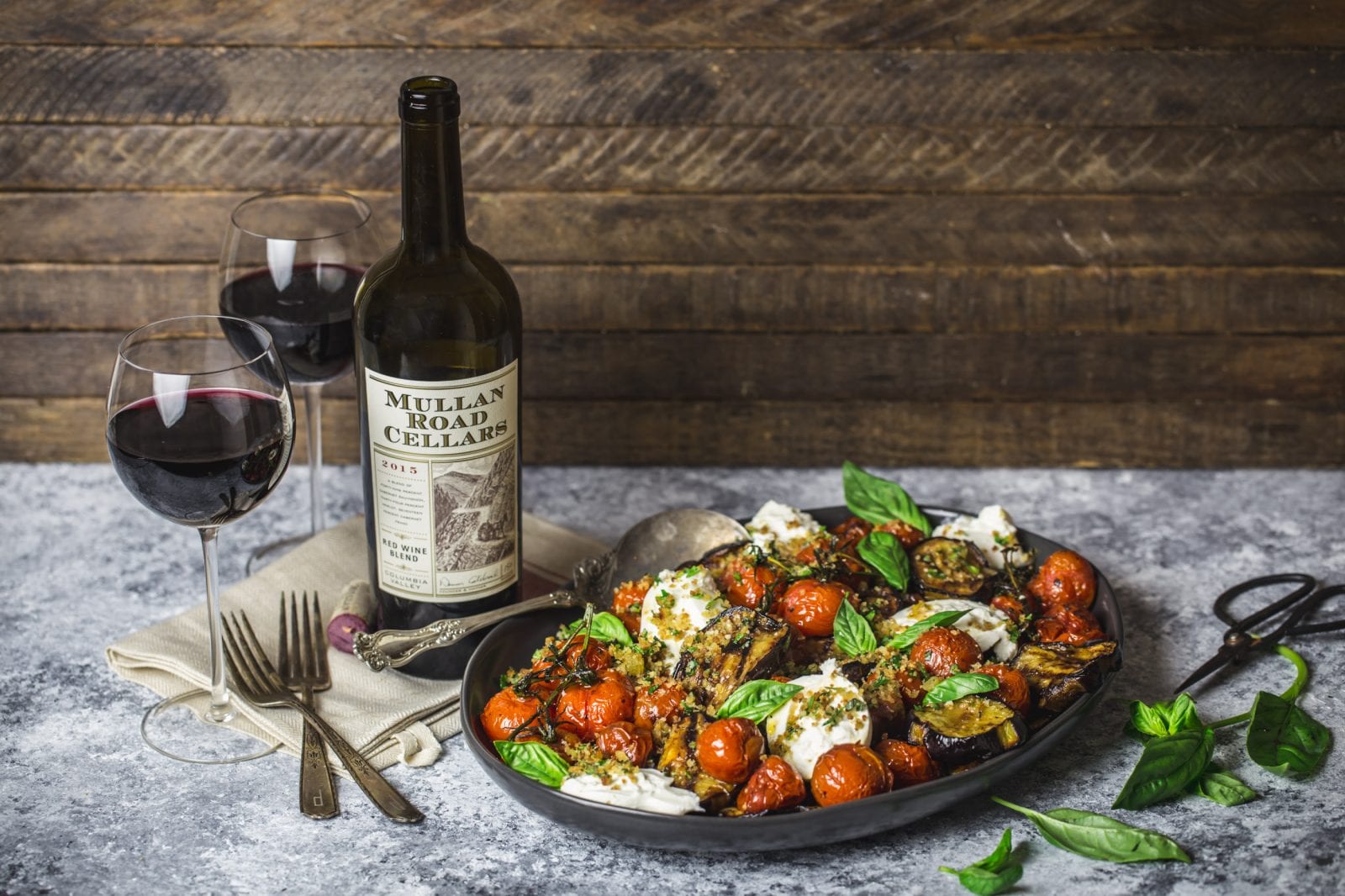 Grilled Eggplant Parmesan with Roasted Tomatoes, Burrata and Garlic Herb Breadcrumbs