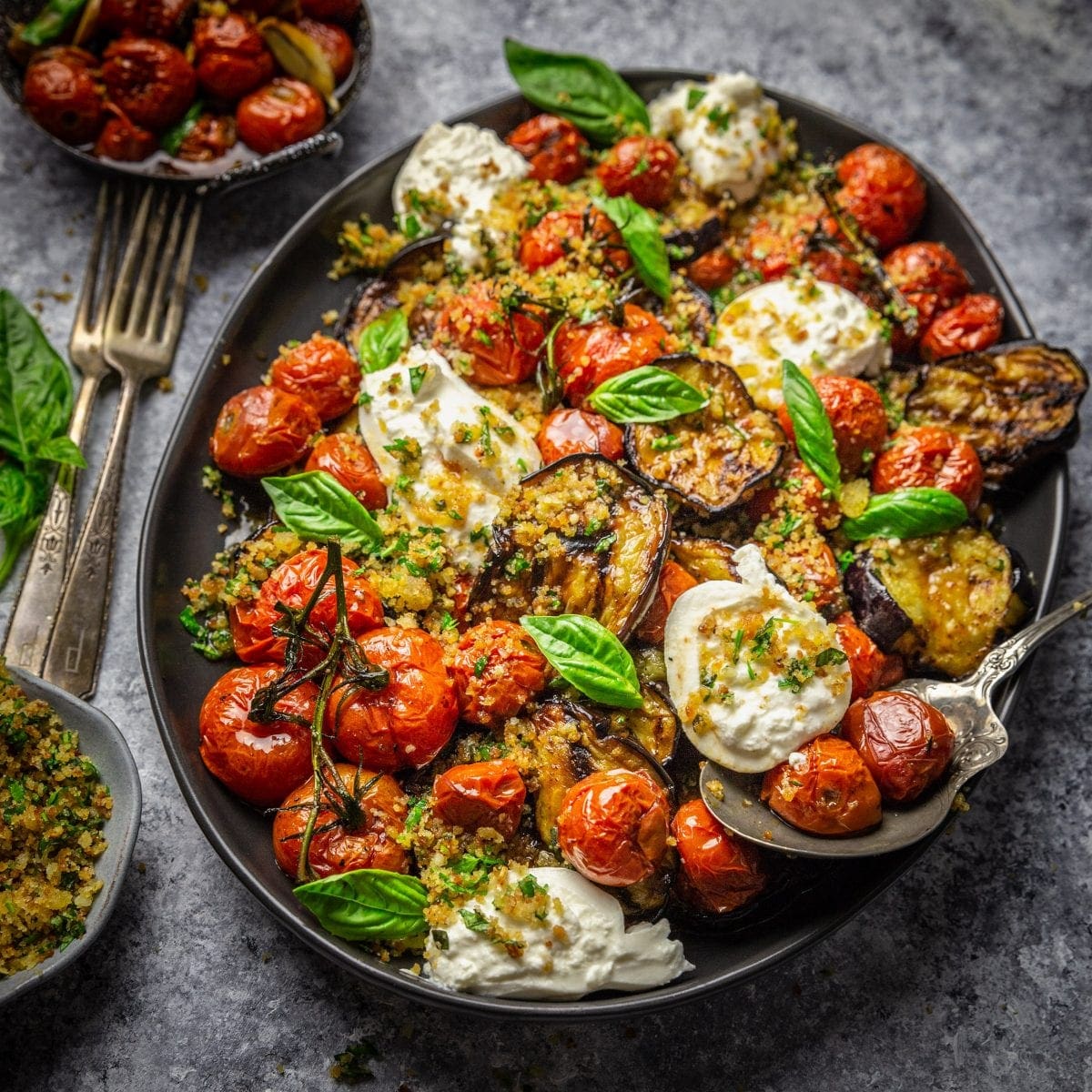 Grilled Eggplant Parmesan with Roasted Tomatoes, Burrata and Garlic Herb Breadcrumbs