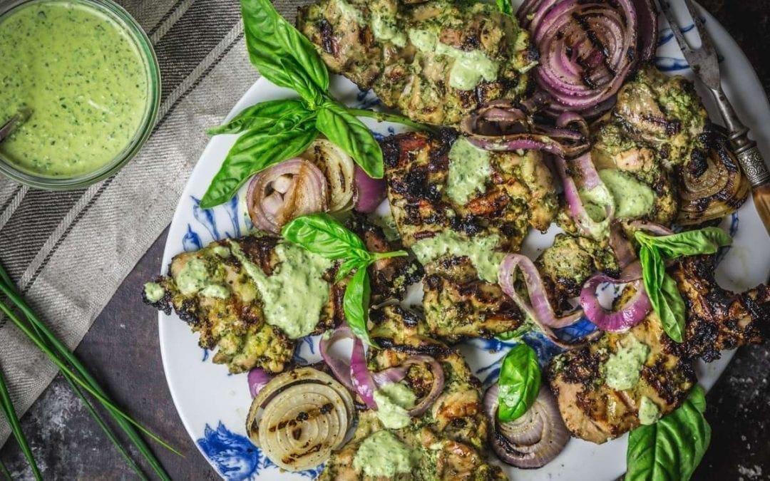 Basil Green Goddess Grilled Chicken with Red Onions