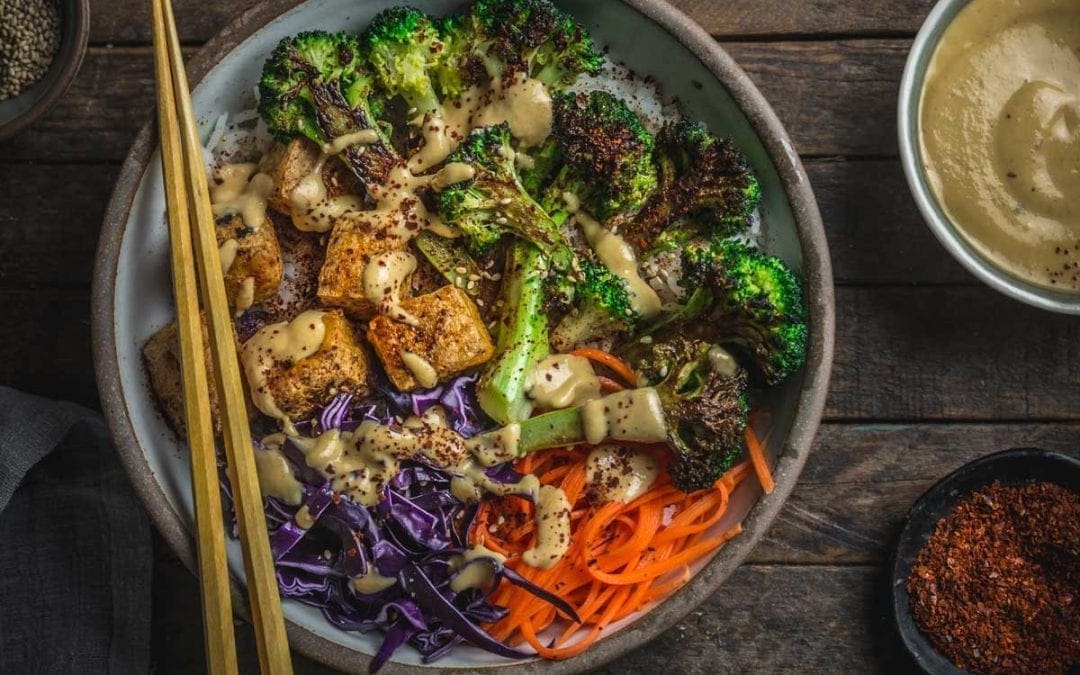 Tofu and Charred Broccoli Bowls with Kimchi–Miso Dressing