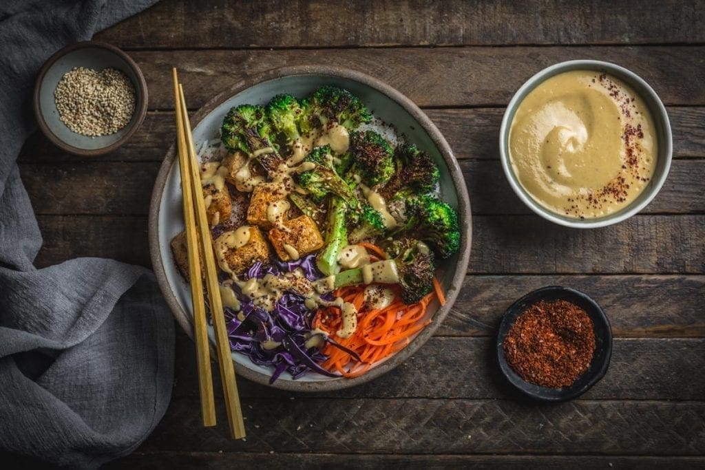 Tofu and Charred Broccoli Bowls with Kimchi?Miso Dressing