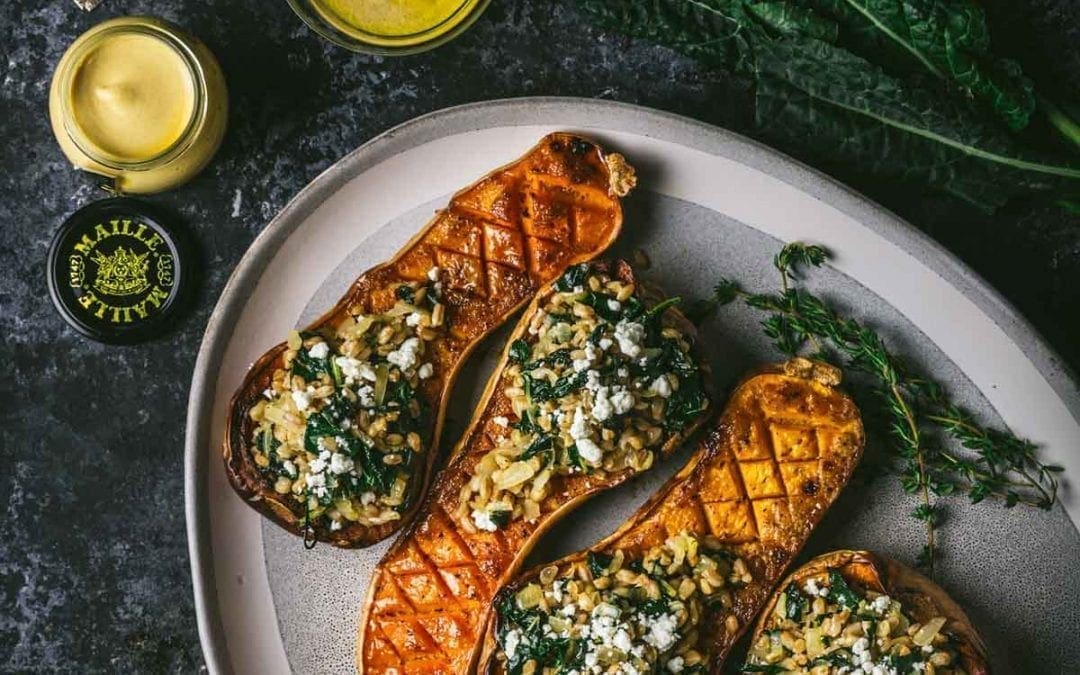 Mustard and Maple-Glazed Butternut Squash stuffed with Farro and Winter Greens