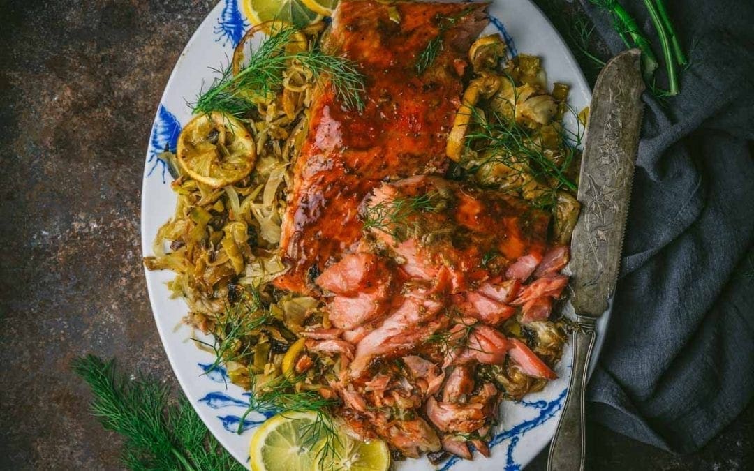 Pomegranate Glazed Slow-Roasted Salmon with Fennel & Leeks