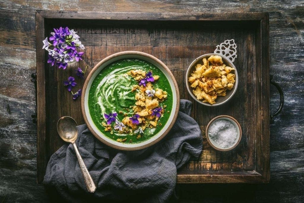 Nettle, Leek and Potato Soup with Garlic-Brown Butter Croutons